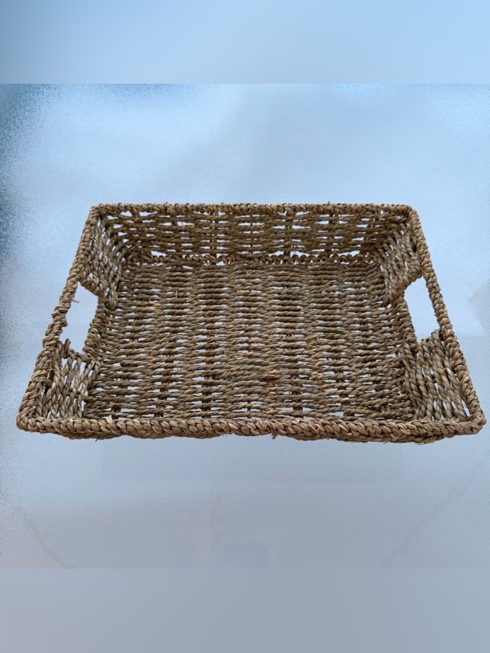 Natural Brown Rectangular Woven Seagrass Shallow Storage Basket Serving Tray